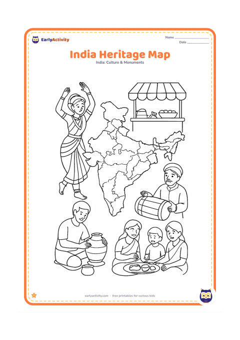 Colouring page: Draw a detailed map of India surrounded by varied cultural scenes: a classical dancer, a musician with a drum, a craftsperson making a clay pot, a colourful but unlettered market canopy,…