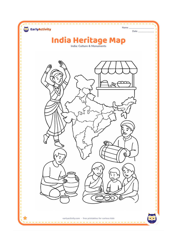 Colouring page: Draw a detailed map of India surrounded by varied cultural scenes: a classical dancer, a musician with a drum, a craftsperson making a clay pot, a colourful but unlettered market canopy,…