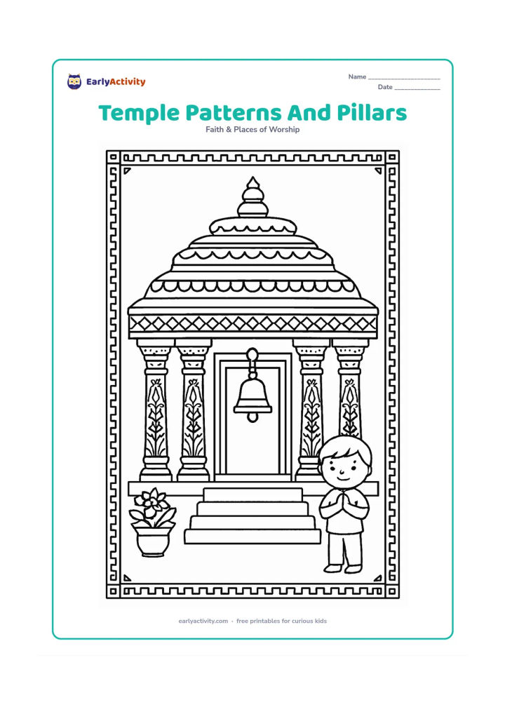 Colouring page: A front-facing temple hall with several carved pillars, a layered roof, a central doorway and a bell. Add repeating geometric borders, flower pots and a small respectful visitor to show…