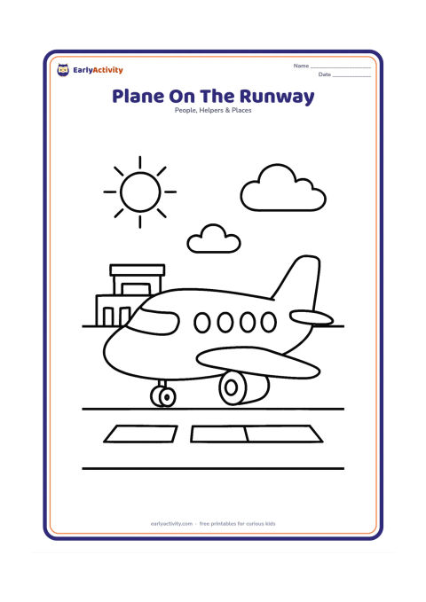 Colouring page: A passenger aeroplane rests on a straight runway with its wheels down. Add a low airport building, a sun and two large clouds in the background.