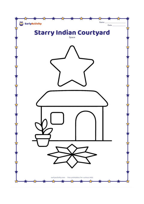 Colouring page: A large five-pointed star appears above a simple Indian home courtyard with a doorway, a small potted plant and a low rangoli made from large star shapes.