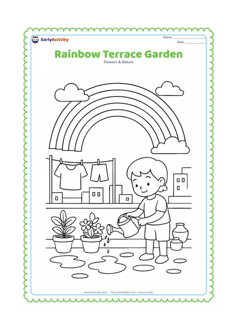 Colouring page: Draw a rainbow above an Indian rooftop terrace garden after rain, with a child watering potted plants, a clothesline with plain garments, water pots and distant buildings. Add clouds and…