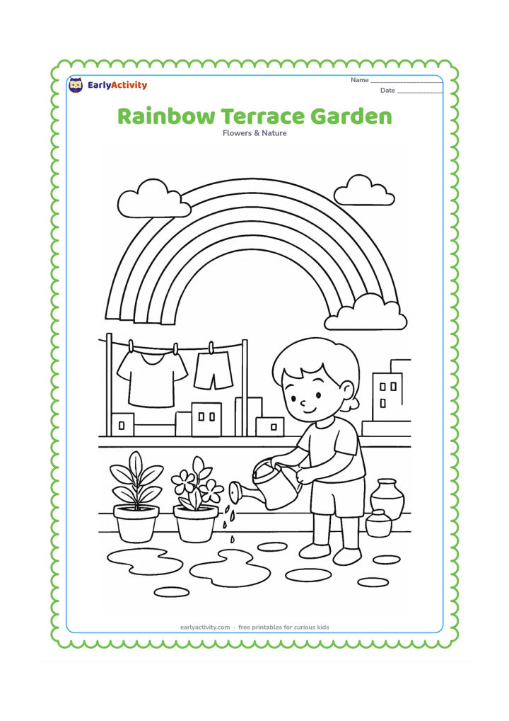 Colouring page: Draw a rainbow above an Indian rooftop terrace garden after rain, with a child watering potted plants, a clothesline with plain garments, water pots and distant buildings. Add clouds and…