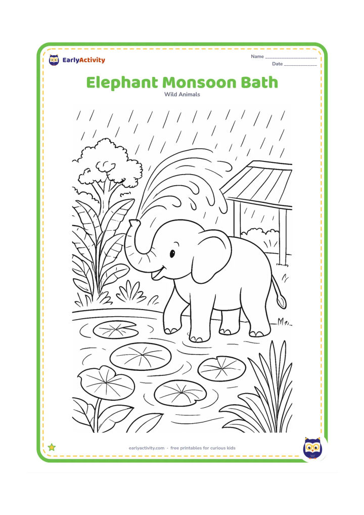 Colouring page: An elephant sprays water over its back beside a large Indian-style zoo pond during a monsoon afternoon. Include lotus leaves, banana plants, a rain shelter and a distant banyan tree.