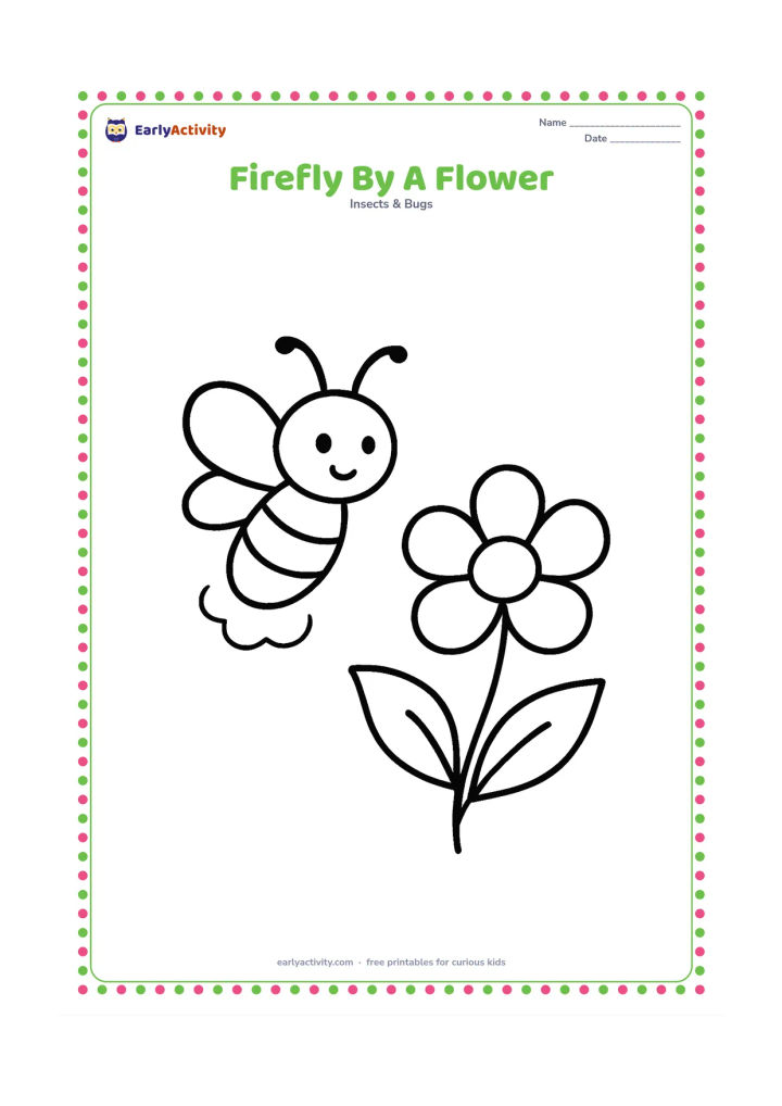 Colouring page: Draw a single firefly hovering beside one large five-petal flower, with a soft glow beneath its body. Add two broad leaves and a short curved stem.