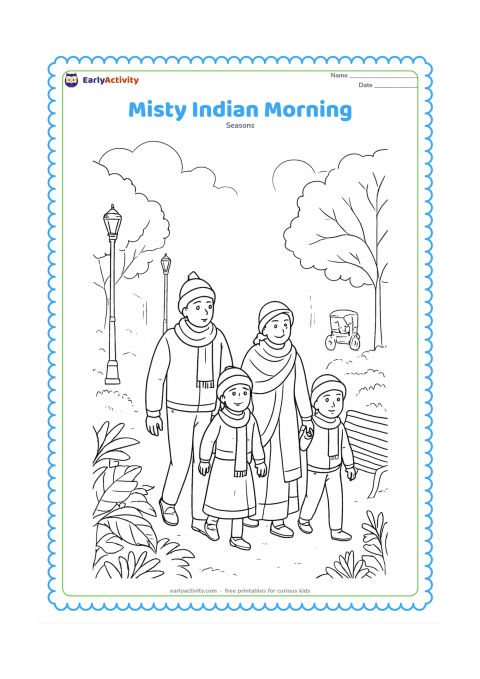 Colouring page: A family walks through a foggy park in northern India at dawn, wearing shawls, sweaters and woollen caps. Include a leafy winter garden, a bench, a distant cycle rickshaw, lamp posts…