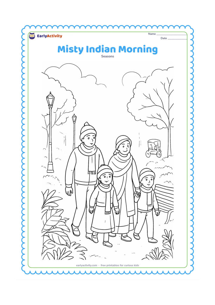 Colouring page: A family walks through a foggy park in northern India at dawn, wearing shawls, sweaters and woollen caps. Include a leafy winter garden, a bench, a distant cycle rickshaw, lamp posts…