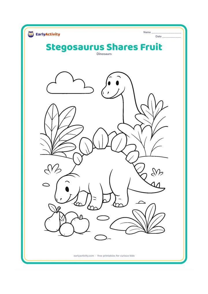 Colouring page: Draw a stegosaurus lowering its head toward a small pile of fallen fruit while a friendly long-necked dinosaur watches from behind a bush. Add broad leaves, stones, and a gently curved…