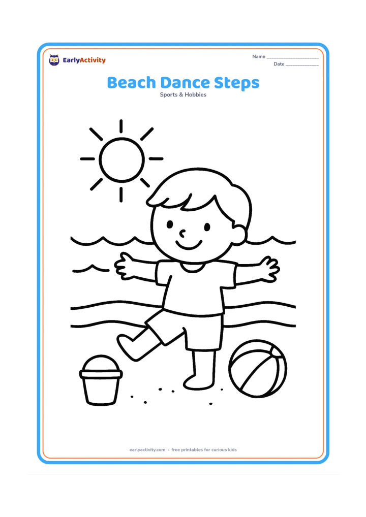 Colouring page: Draw one child doing a cheerful sideways dance step on a sandy beach, with arms stretched out. Add a simple sun, waves, a beach ball and a small bucket.