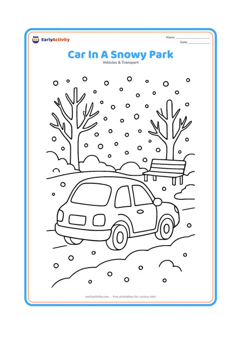 Colouring page: Draw a car driving slowly through a snowy park, with rounded snowbanks, bare trees, falling snowflakes and a bench. Use a three-quarter rear view so the rear lights and blank number…