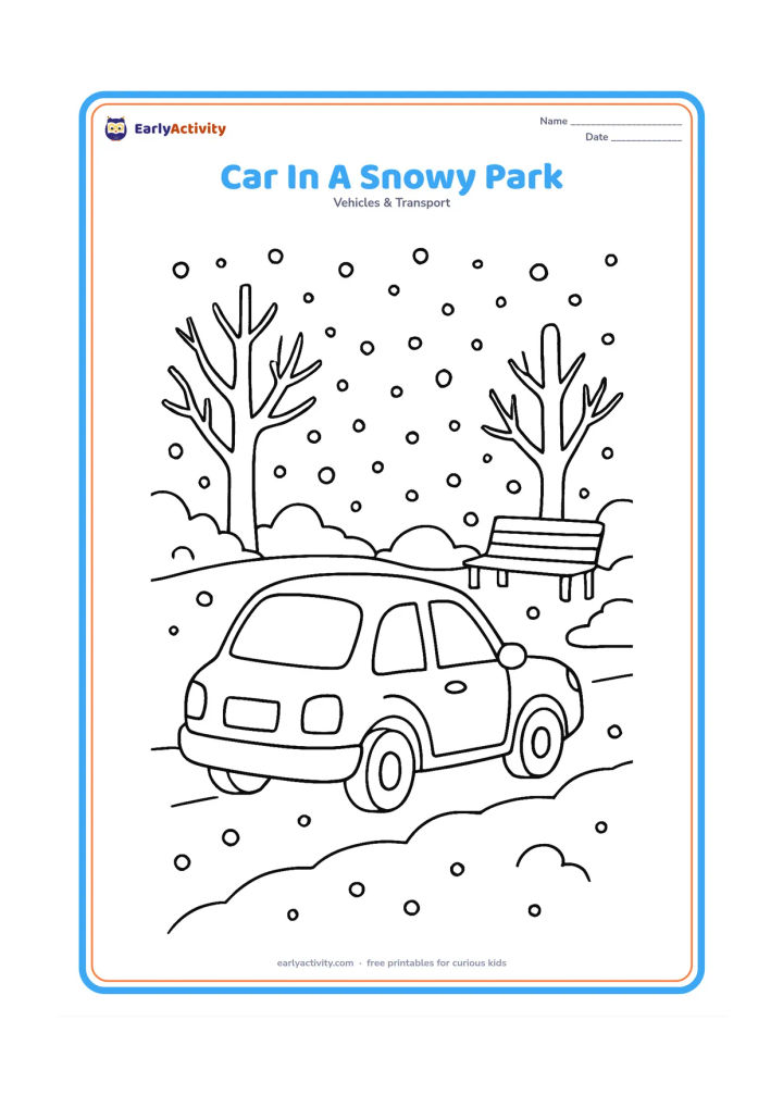 Colouring page: Draw a car driving slowly through a snowy park, with rounded snowbanks, bare trees, falling snowflakes and a bench. Use a three-quarter rear view so the rear lights and blank number…