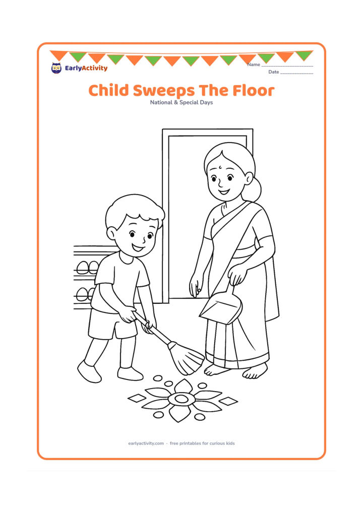 Colouring page: A child sweeps the floor while their mother holds a dustpan nearby, both smiling at the helpful action. Set the scene in a welcoming Indian home with a low shoe rack, a small rangoli…