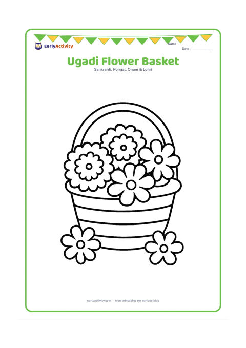Colouring page: A cheerful basket overflowing with large marigold and jasmine flowers, with two loose flowers beside it.