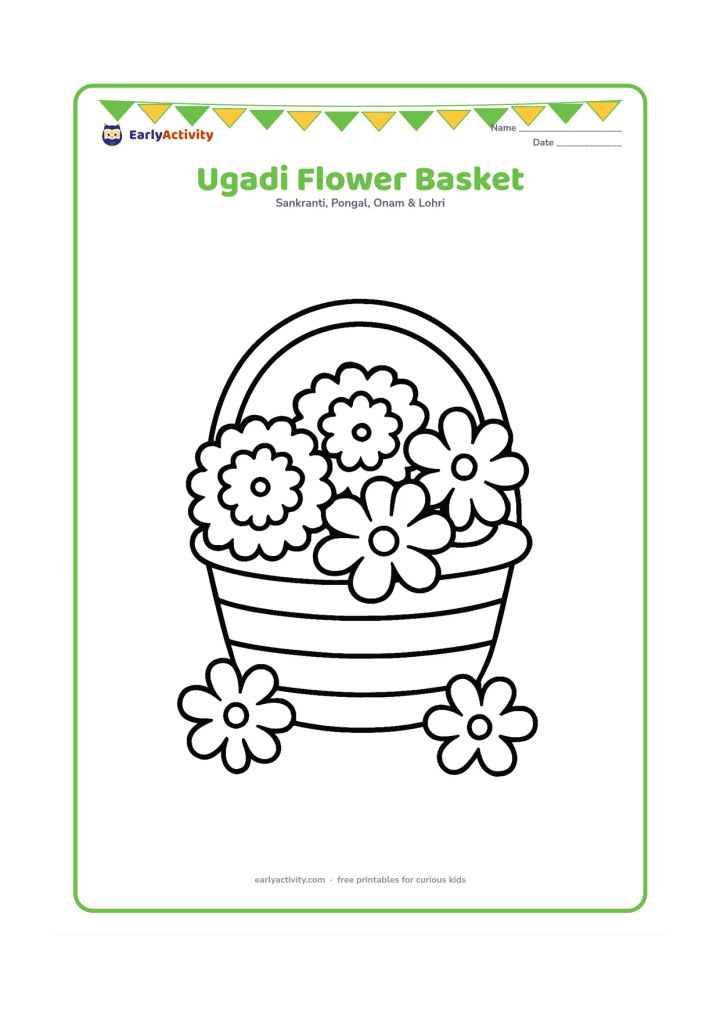 Colouring page: A cheerful basket overflowing with large marigold and jasmine flowers, with two loose flowers beside it.