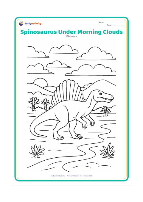 Colouring page: A Spinosaurus crosses a broad prehistoric floodplain in the morning, with layered clouds, a winding river, low hills and clusters of cycads behind it. Show the entire sail, long snout…
