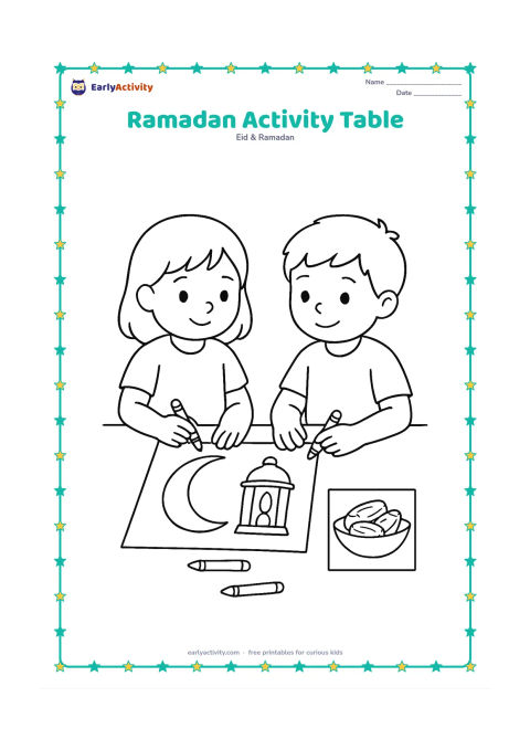 Colouring page: Two children colour at a table holding crayons, with a blank crescent-and-lantern picture, dates, and a safe reference picture without text nearby.