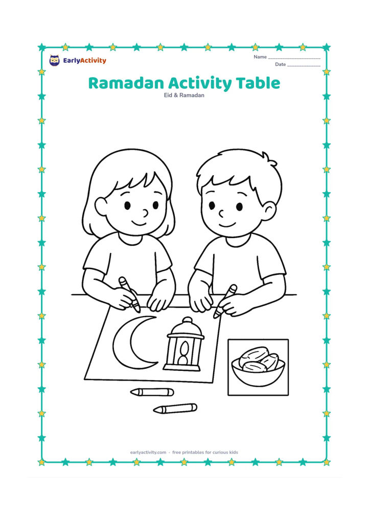 Colouring page: Two children colour at a table holding crayons, with a blank crescent-and-lantern picture, dates, and a safe reference picture without text nearby.