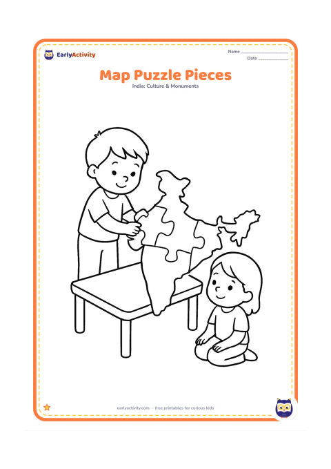 Colouring page: Draw a large India-shaped jigsaw puzzle made from a few very large pieces, with one child placing a piece near the centre. Add a low table and a second child watching.