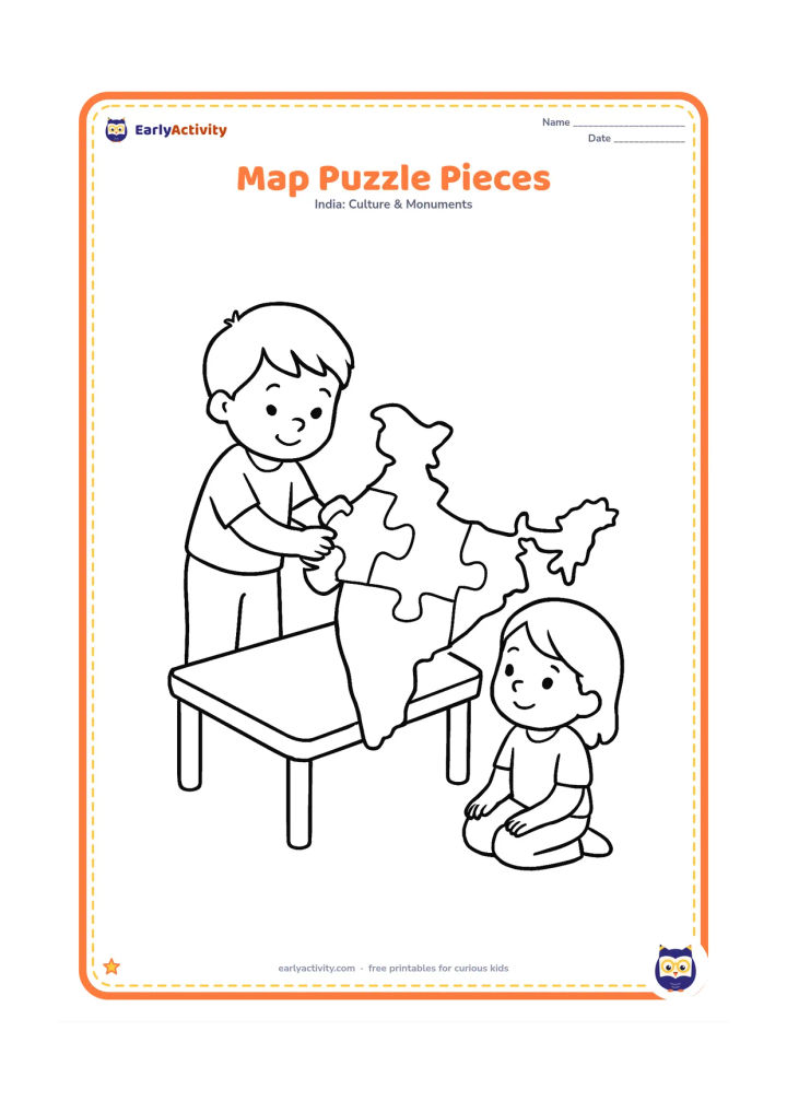 Colouring page: Draw a large India-shaped jigsaw puzzle made from a few very large pieces, with one child placing a piece near the centre. Add a low table and a second child watching.
