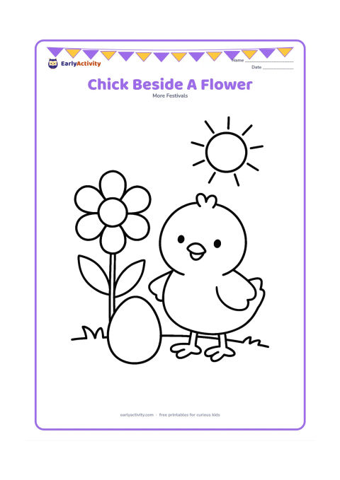 Colouring page: A happy chick stands beside one very large spring flower and a single Easter egg. Add a small sun with broad rays in the upper corner and a simple grassy ground line.