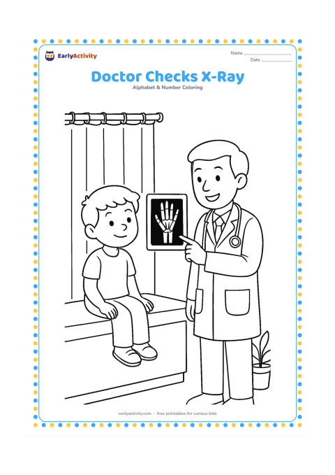 Colouring page: Draw a child sitting on an examination bed while a friendly doctor points toward an X-ray plate showing a simple hand and forearm. Add a curtain and a small plant.