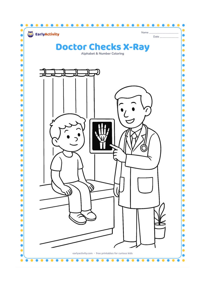 Colouring page: Draw a child sitting on an examination bed while a friendly doctor points toward an X-ray plate showing a simple hand and forearm. Add a curtain and a small plant.