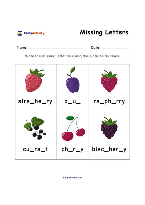 Worksheet showing six berry pictures with incomplete words for strawberry, plum, raspberry, currant, cherry and blackberry.