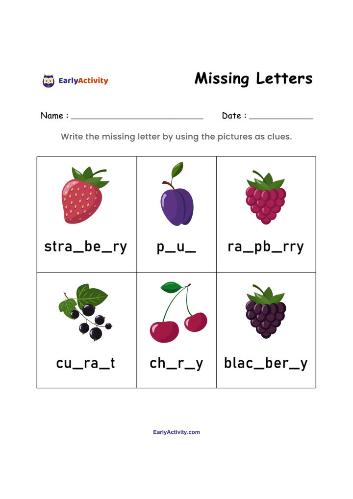Worksheet showing six berry pictures with incomplete words for strawberry, plum, raspberry, currant, cherry and blackberry.