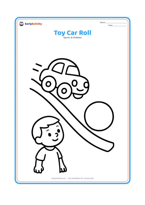 Colouring page: A chunky toy car rolling down a gentle ramp, with a large ball stopped beside the ramp. Show a child watching from the side.