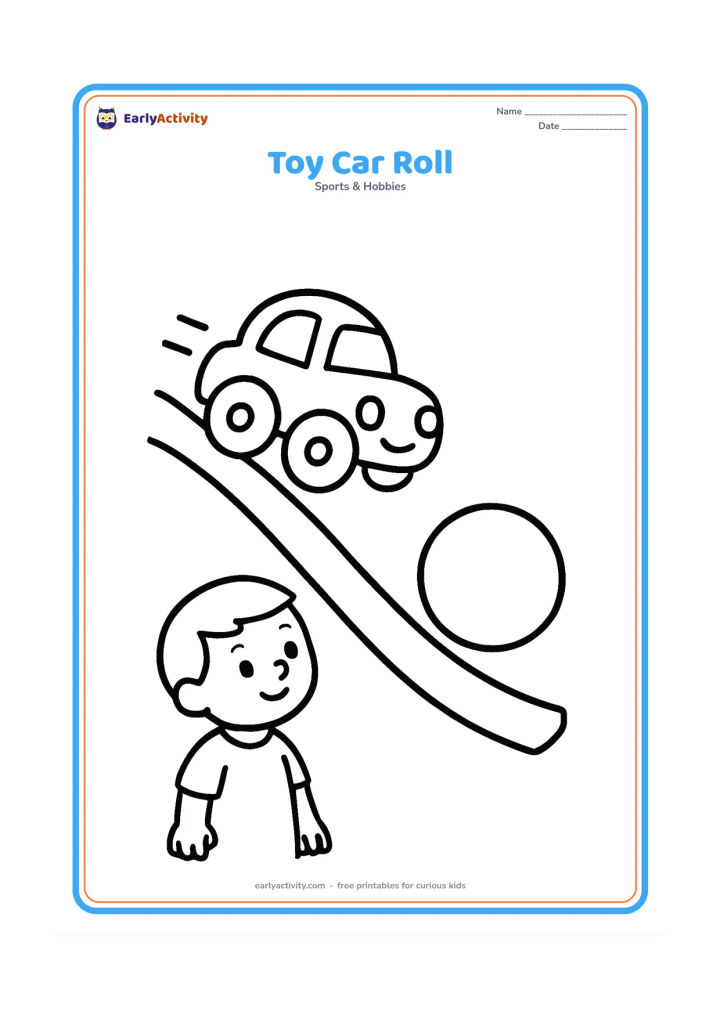 Colouring page: A chunky toy car rolling down a gentle ramp, with a large ball stopped beside the ramp. Show a child watching from the side.