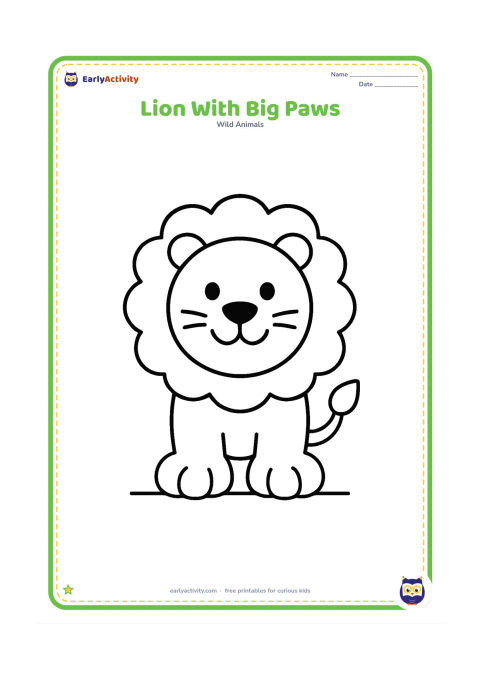 Colouring page: A cheerful lion faces forward, standing with two oversized front paws clearly visible. Add a simple rounded mane and a small ground line beneath the feet.