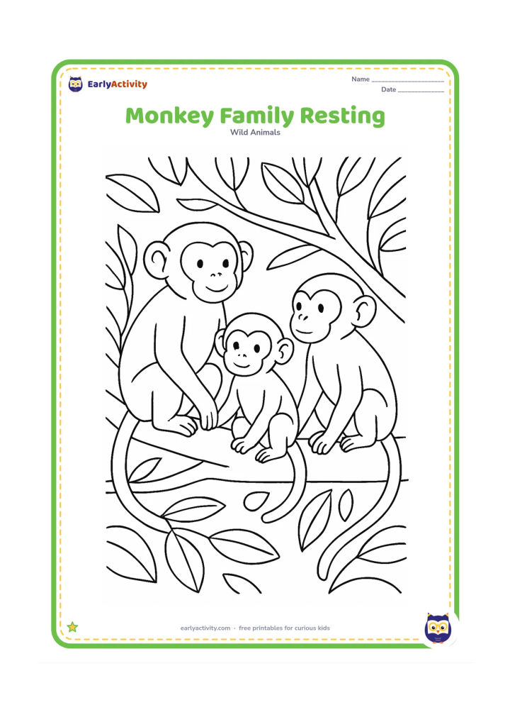 Colouring page: Draw three monkeys resting together on a broad branch, with one adult, one smaller monkey and one monkey looking into the distance. Include layered branches and leaves.