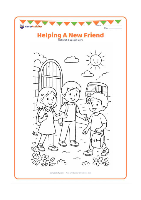 Colouring page: Two children welcome a new classmate at the school gate, with one child showing the way and another offering a school bag or water bottle. Include a rickshaw in the distance, flowering…