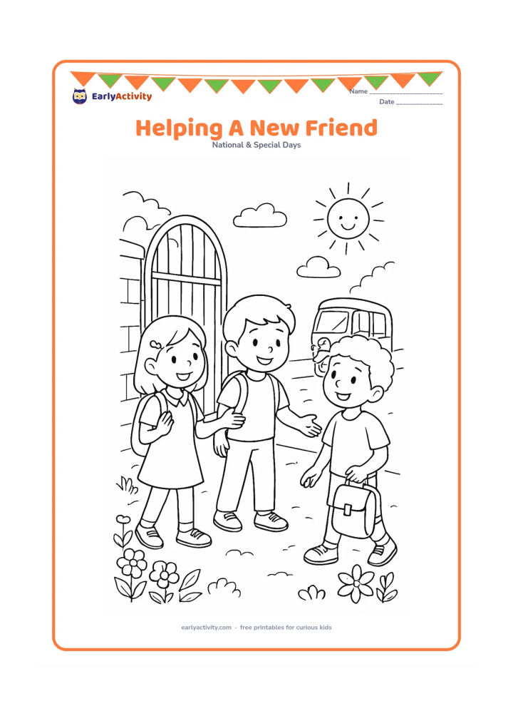 Colouring page: Two children welcome a new classmate at the school gate, with one child showing the way and another offering a school bag or water bottle. Include a rickshaw in the distance, flowering…