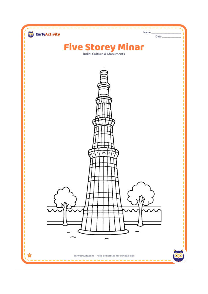 Colouring page: Show the complete Qutub Minar with all five distinct storeys, five projecting balconies, varied surface fluting, decorative bands, and a broad strong base. Add a courtyard wall and small…