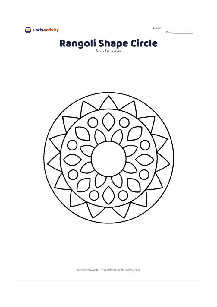 Worksheet: Draw a large circular rangoli-inspired arrangement made from repeated triangles, diamonds, circles and petals around a clear central circle. Keep all elements as open outlines with…