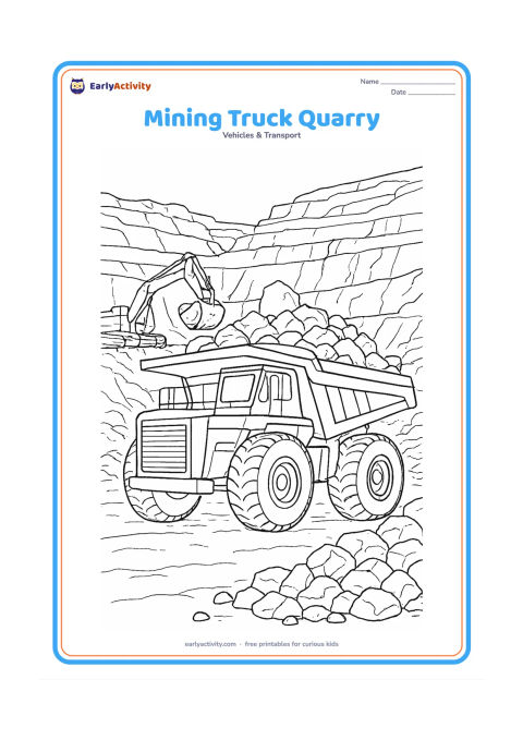 Colouring page: A huge mining dump truck carries rocks through an open quarry with stepped rock faces, a loading shovel and piles of stones. Show the truck from a low three-quarter angle to emphasize…
