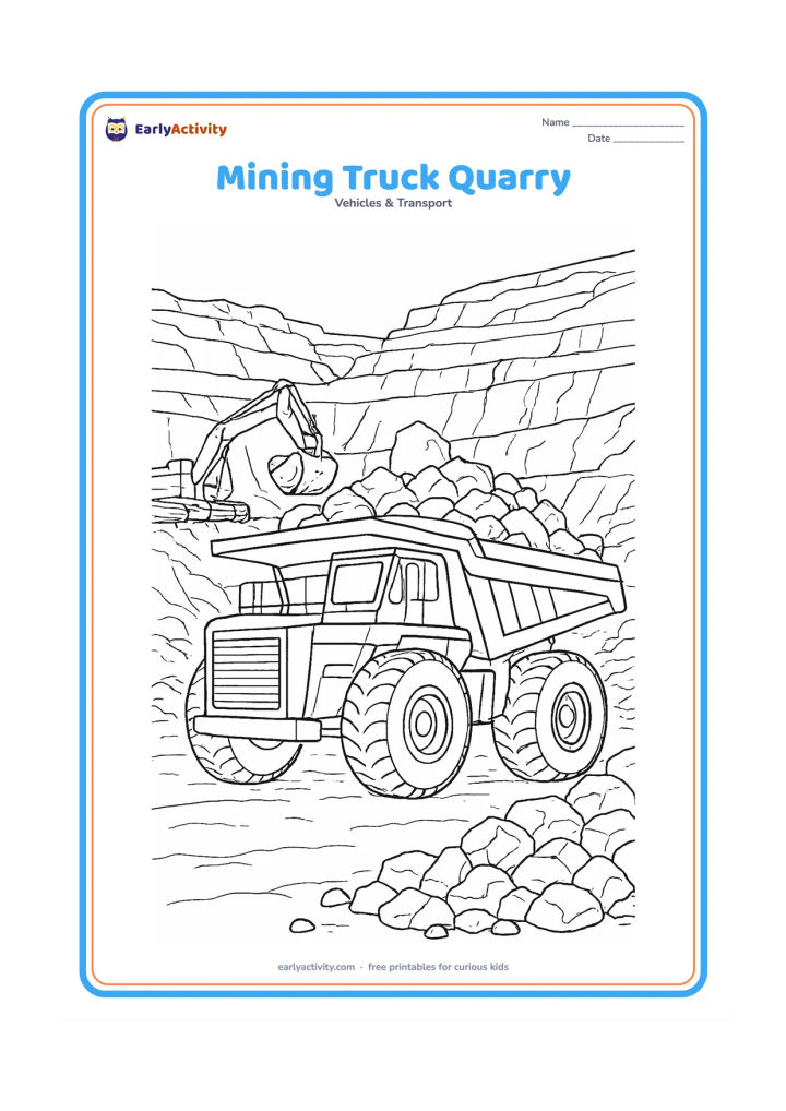 Colouring page: A huge mining dump truck carries rocks through an open quarry with stepped rock faces, a loading shovel and piles of stones. Show the truck from a low three-quarter angle to emphasize…