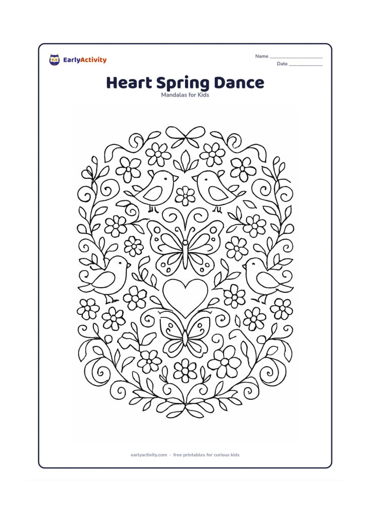 Colouring page: Draw a detailed spring mandala with a central heart surrounded by butterflies, birds, blossoms, curling vines, and pairs of dancing ribbons. Repeat the motifs in alternating concentric…