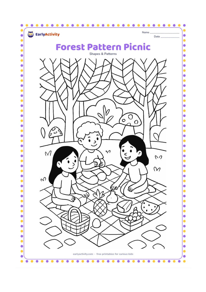 Colouring page: Draw three friends having a picnic in a forest clearing surrounded by trees with repeated geometric leaves, patterned mushrooms, tiled stepping stones, and a blanket made of alternating…