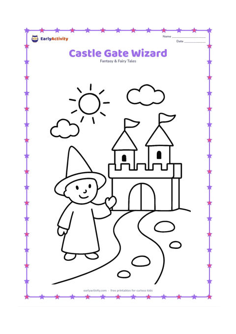 Colouring page: A small wizard stands smiling at the open gate of a friendly castle with two round towers, flags without markings and a path leading forward. Add a sun, two clouds and a few large stones.