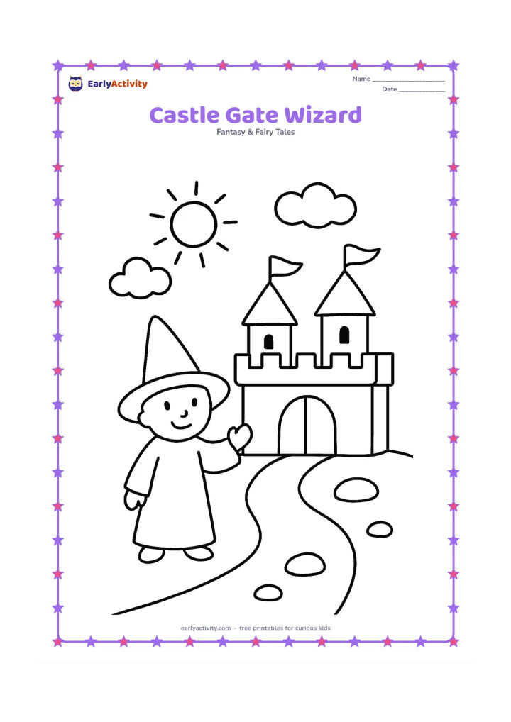Colouring page: A small wizard stands smiling at the open gate of a friendly castle with two round towers, flags without markings and a path leading forward. Add a sun, two clouds and a few large stones.