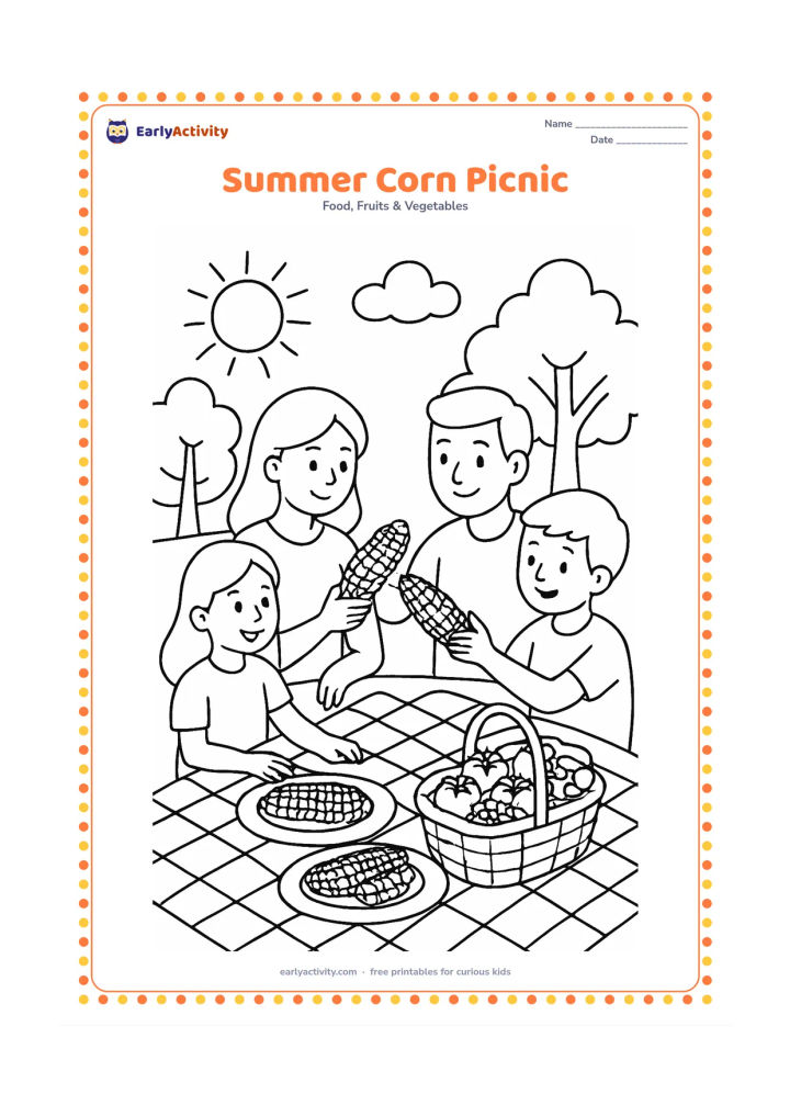 Colouring page: Draw a family picnic scene with cooked corn on plates, a basket of tomatoes and peas, a checkered cloth, trees, and a sunny sky. Include people sharing food without adding facial or…