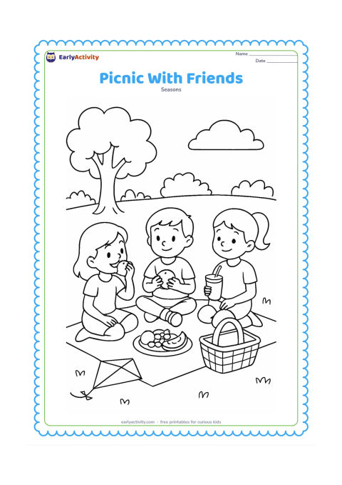 Colouring page: Three children sit on a mat sharing fruit and drinks during a summer picnic. Surround them with a basket, a tree, a kite resting on the grass and a few distant bushes.