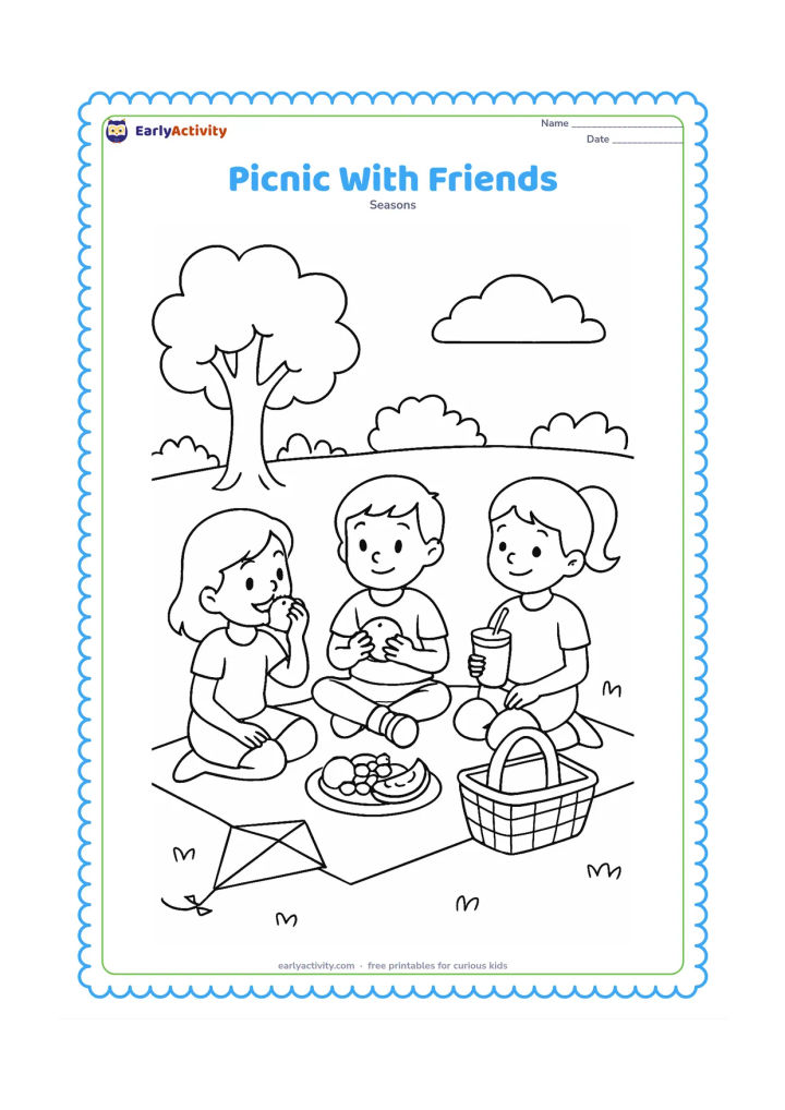 Colouring page: Three children sit on a mat sharing fruit and drinks during a summer picnic. Surround them with a basket, a tree, a kite resting on the grass and a few distant bushes.
