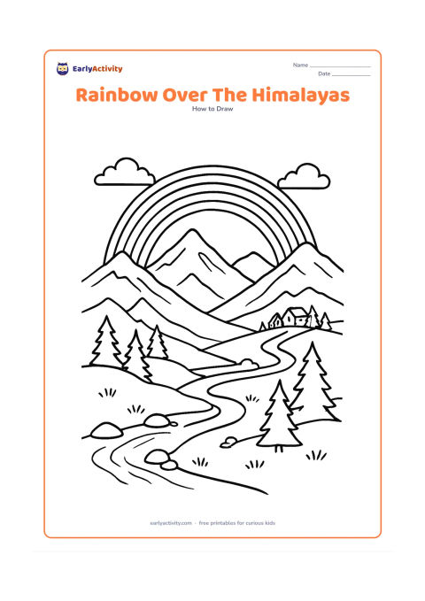Worksheet: A rainbow crosses a mountain valley with layered Himalayan peaks, a winding trail, pine trees and a small hill settlement. Add clouds partly around the peaks and a foreground stream with…
