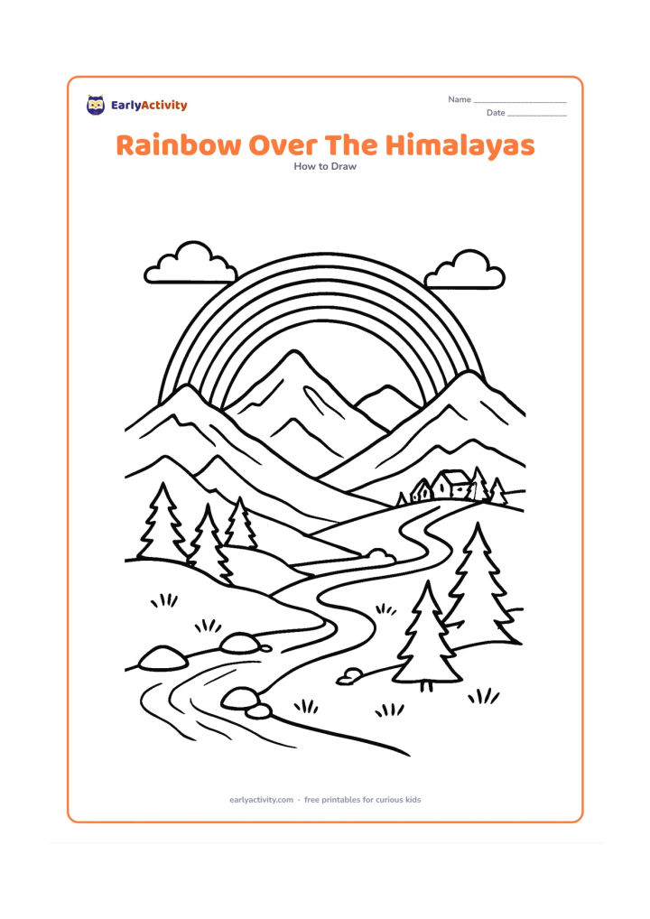 Worksheet: A rainbow crosses a mountain valley with layered Himalayan peaks, a winding trail, pine trees and a small hill settlement. Add clouds partly around the peaks and a foreground stream with…