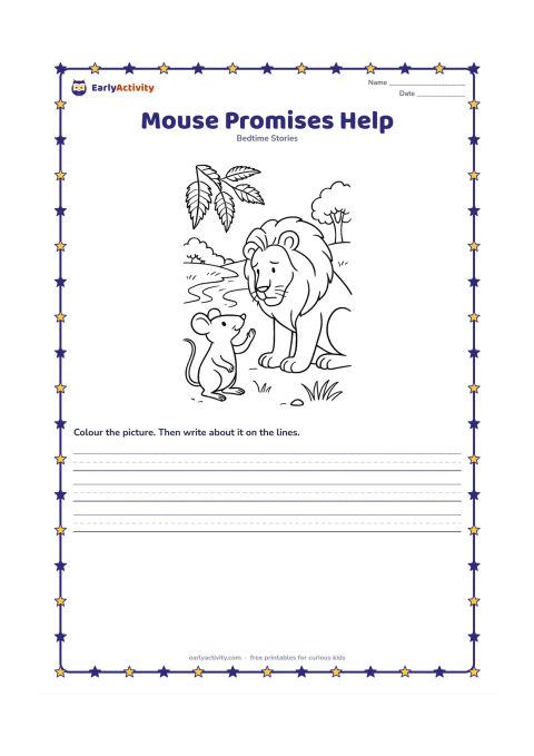Printable: The mouse raises one paw toward the lion while the lion lowers his head to listen. Set the scene near an Indian woodland edge with neem leaves, a small stream and distant trees.