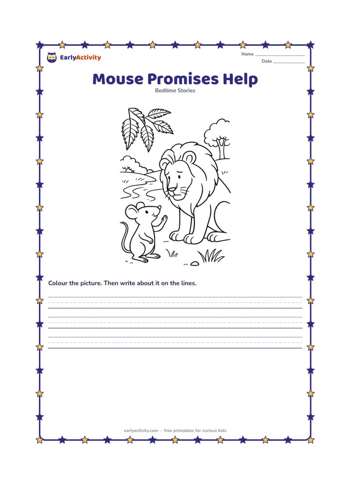 Printable: The mouse raises one paw toward the lion while the lion lowers his head to listen. Set the scene near an Indian woodland edge with neem leaves, a small stream and distant trees.
