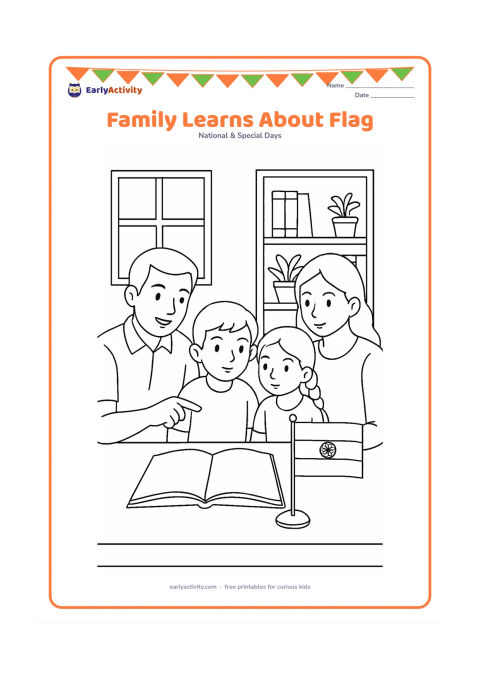Colouring page: Draw a family gathered around a table studying an open blank book and an Indian flag displayed upright beside them. Include a parent pointing toward the flag bands, children observing…